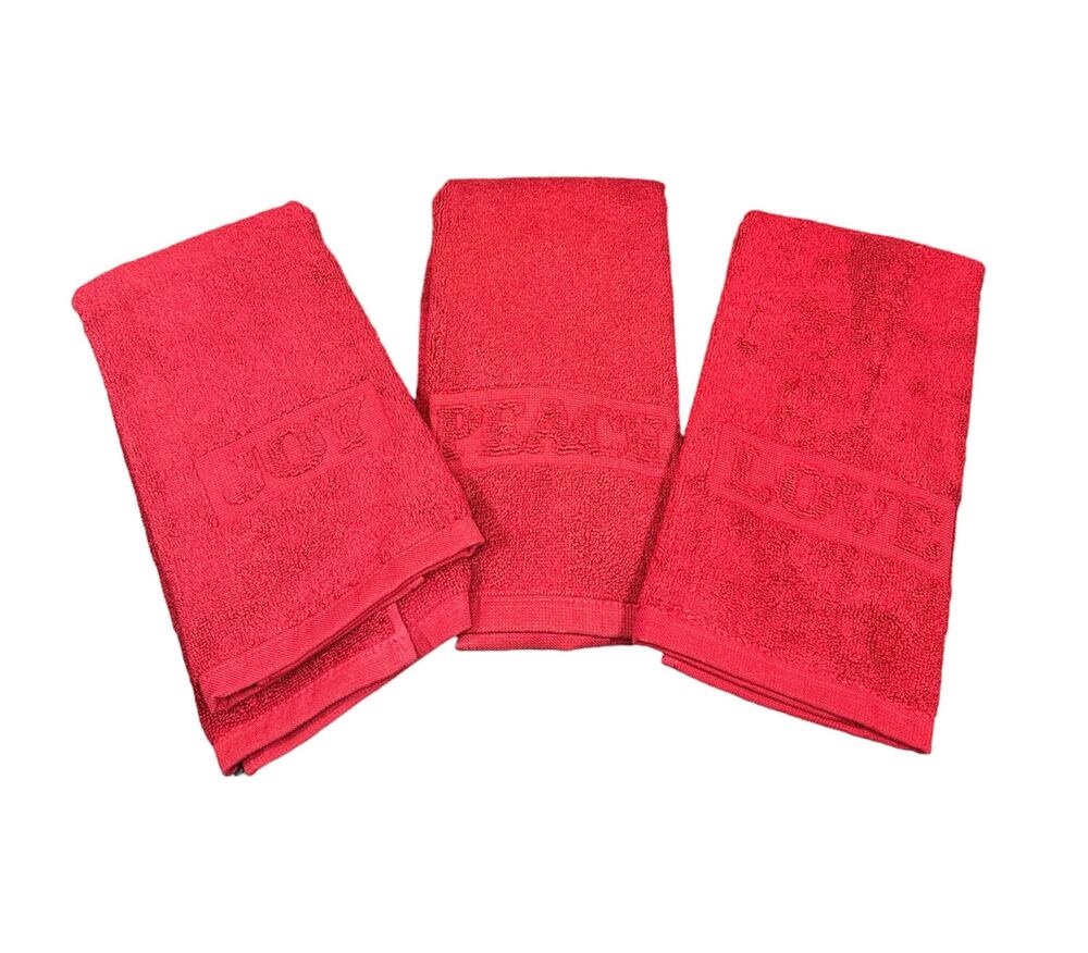 Pottery Barn Cardinal Red Christmas Holiday Hand Towel PEACE JOY LOVE Set Of 3